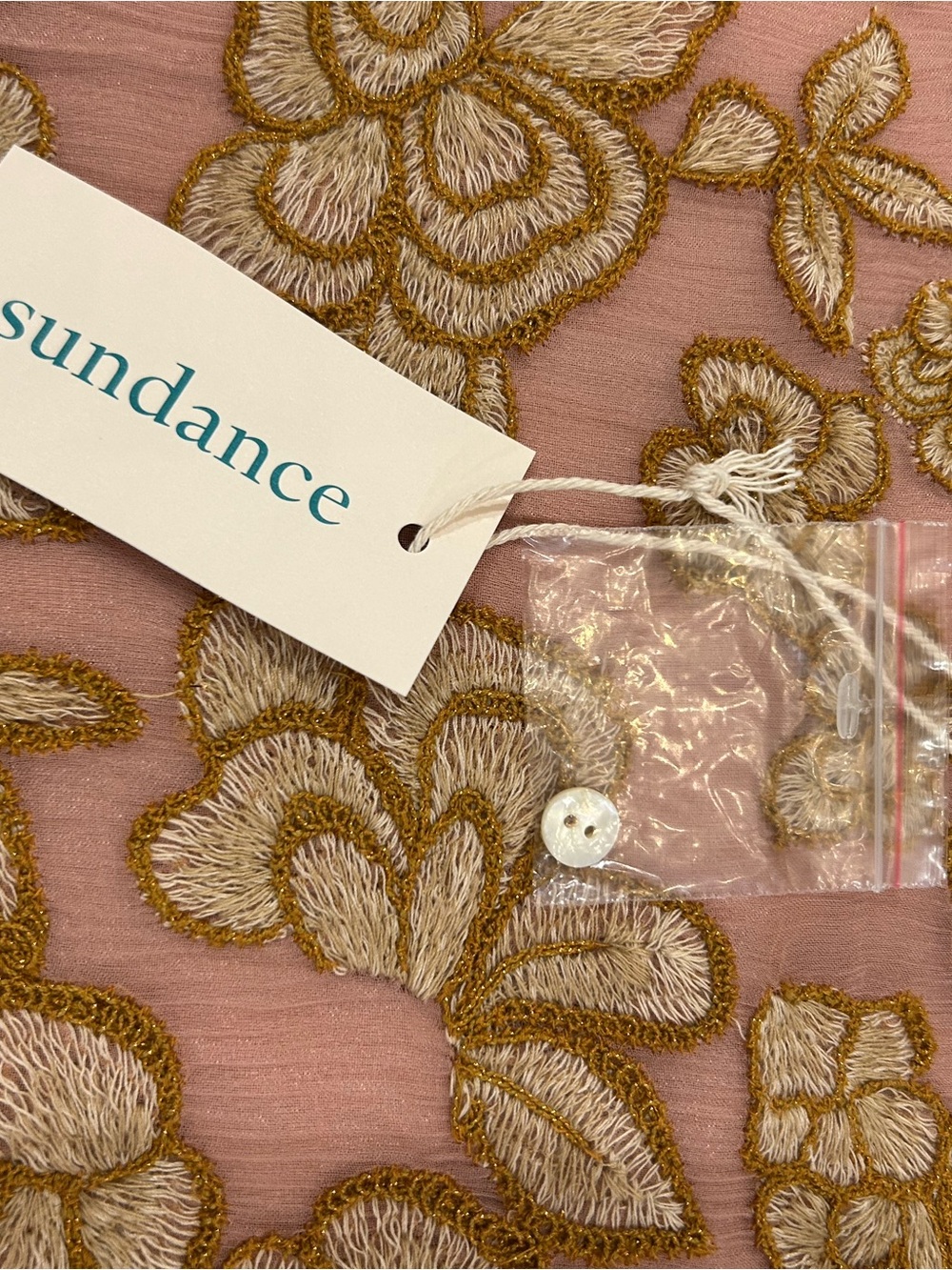 Sundance Pink dress with Gold and Cream Floral Embroidery
Knee length